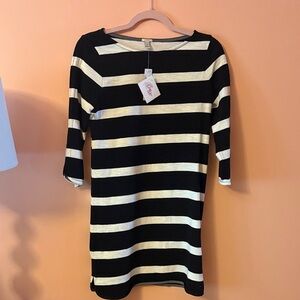 J. Crew Black and Cream Striped Long Sleeve Dress